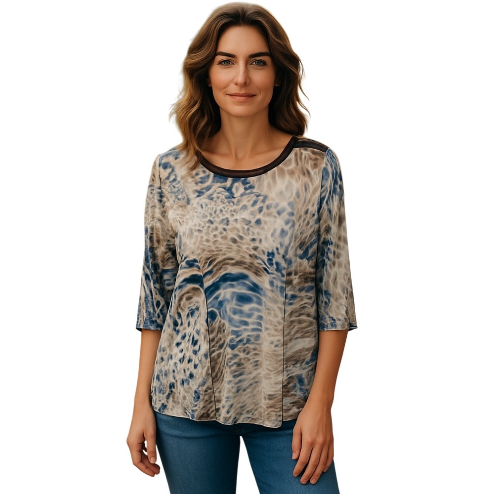 Alfred Dunner Women's Top Size L Blue Leopard Print 3/4 Sleeve Knit Shirt